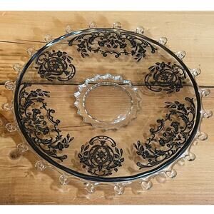 VTG? Heisey Lariat Round Platter w/ black floral over lay. footed. 10.5" dia